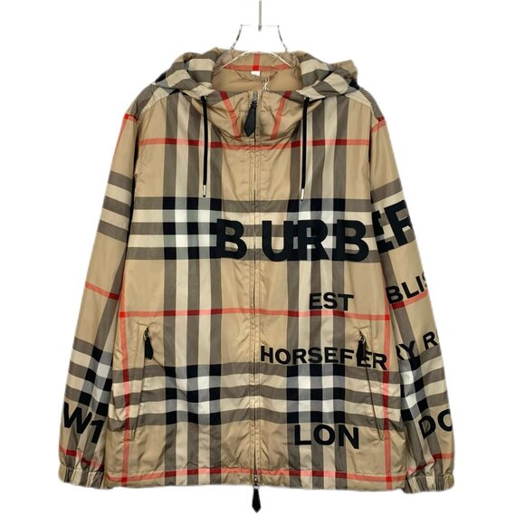 Burberry Brown Check and Letter Print Hooded Drawstring Zip-Up Jacket